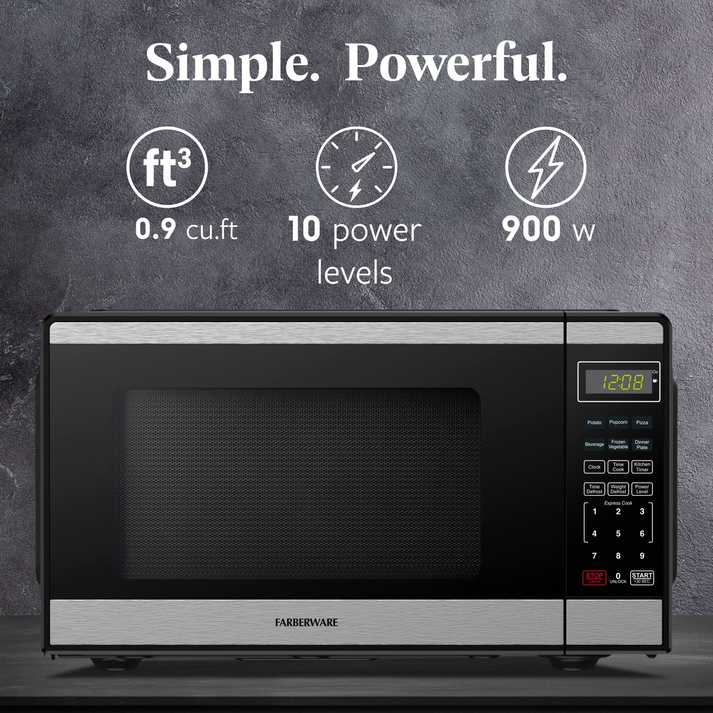 Farberware FMGZ09BKA 0.9 Cu. Ft. Microwave Oven, 900W, Digital Control, LED Display, 6 Cooking Presets, Black
