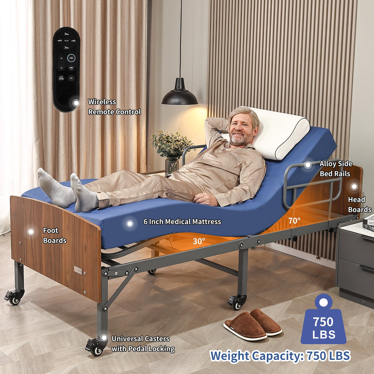 ESHINE Hospital Bed with 6" Waterproof Mattress - Wireless Remote, Headboard, 2.5" Wheels, Head & Foot Incline