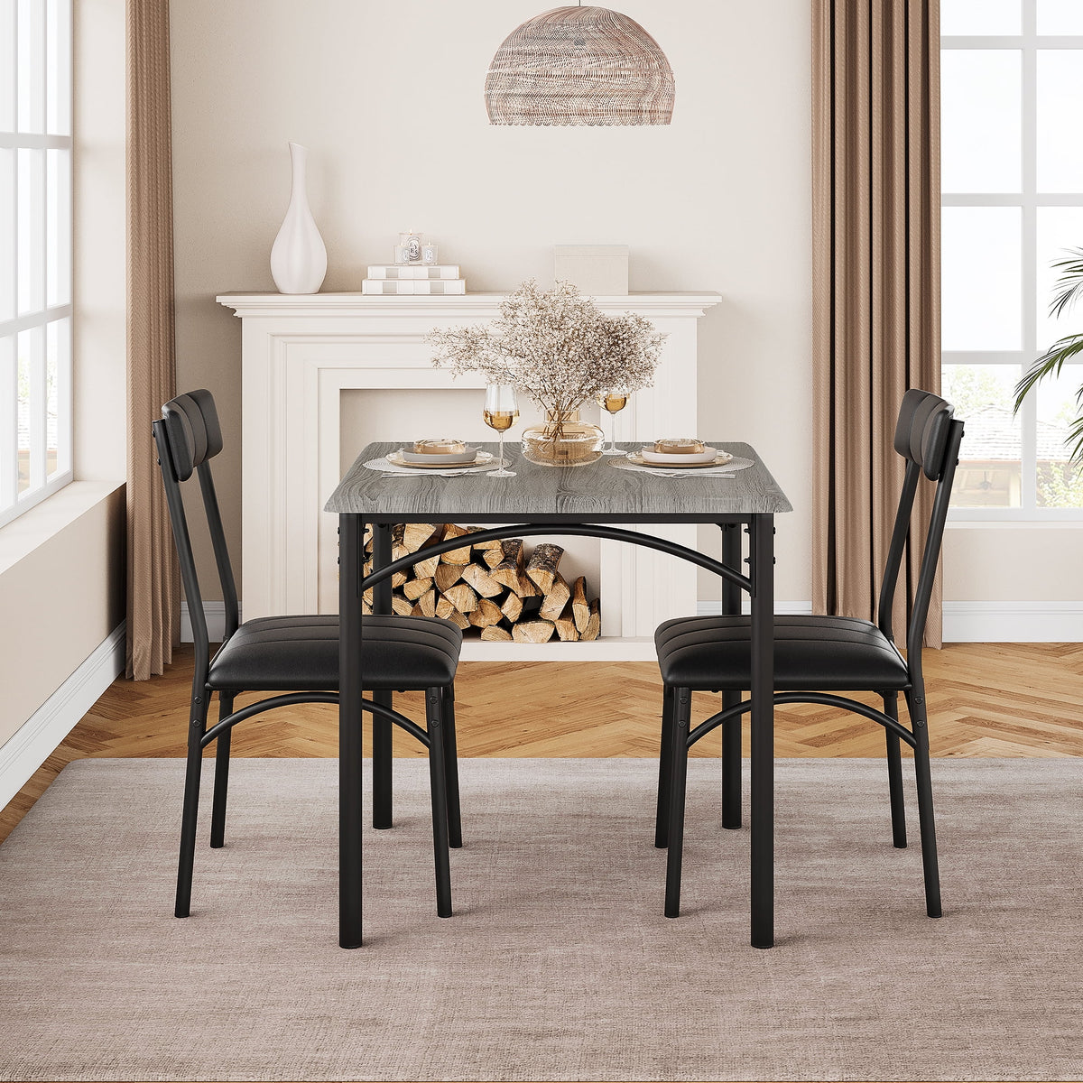 3 Piece Dining Table Set, Modern Industrial Table and Chairs Set for Home Kitchen, Kitchen Table Set for Small Space, Apartment, Rustic Gray