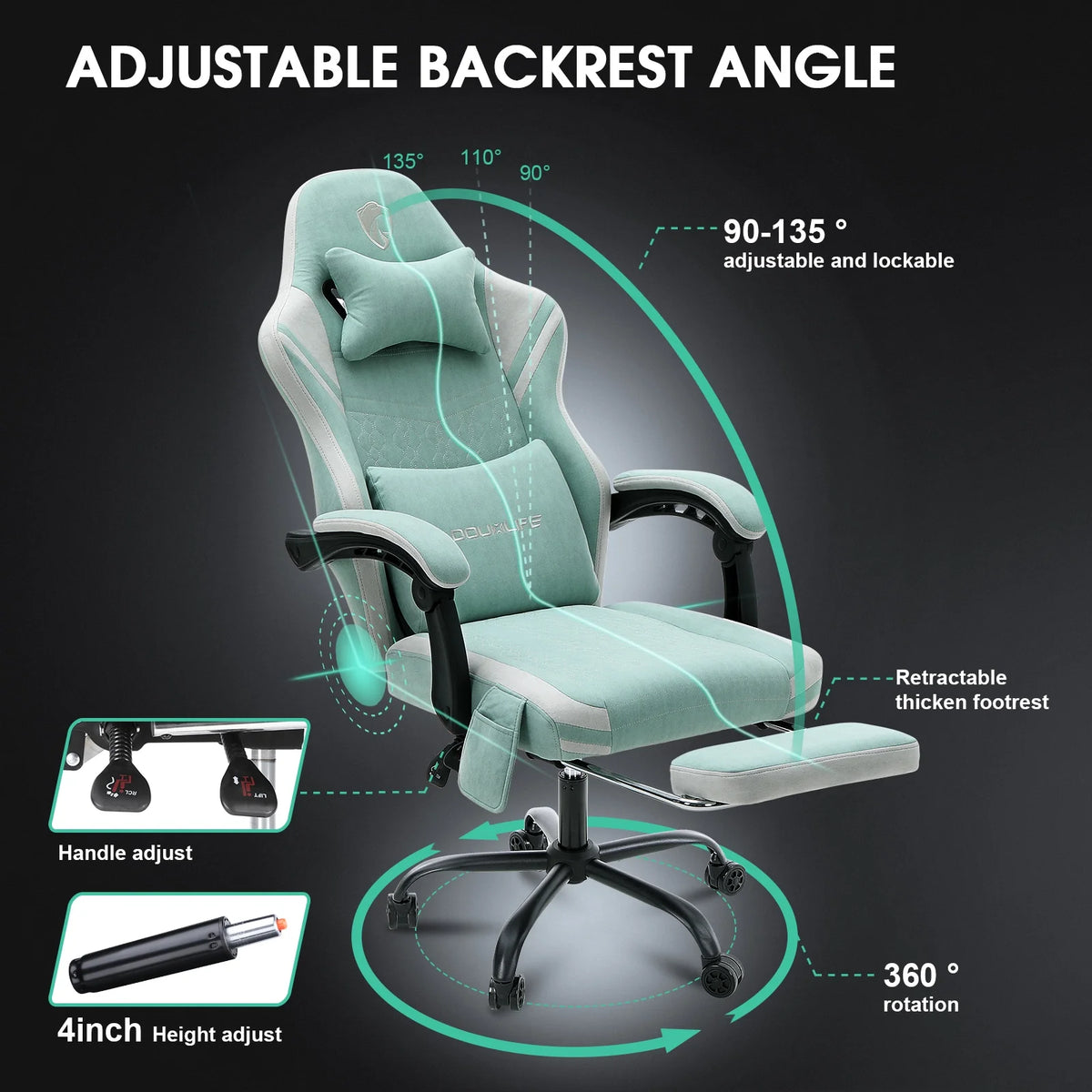 Douxlife Massage Gaming Chair, Spring Cushion, Breathable Fabric Gaming Chair with Footrest, Ergonomic Computer Chair for Adults & Kids