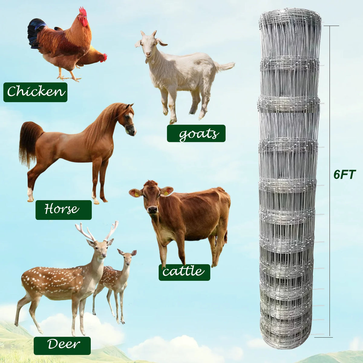 Farm Fence, 4ft x 164ft Galvanized Wire Fencing, Cattle Fence, Deer Fence, Heavy Zinc Coating Farm Fence Used to Hog Goat Fencing for Yard Garden and Field