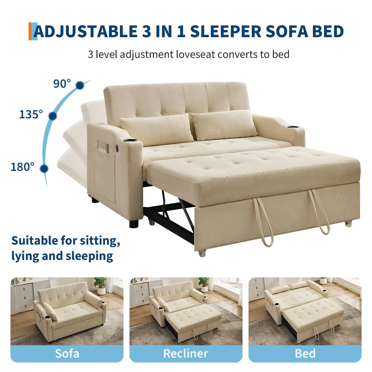Beige 3-in-1 Convertible Sleeper Sofa Bed with Pull-Out Bed Corduroy Futon with Adjustable Backrest