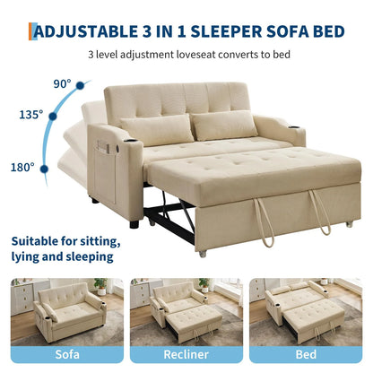 Beige 3-in-1 Convertible Sleeper Sofa Bed with Pull-Out Bed Corduroy Futon with Adjustable Backrest