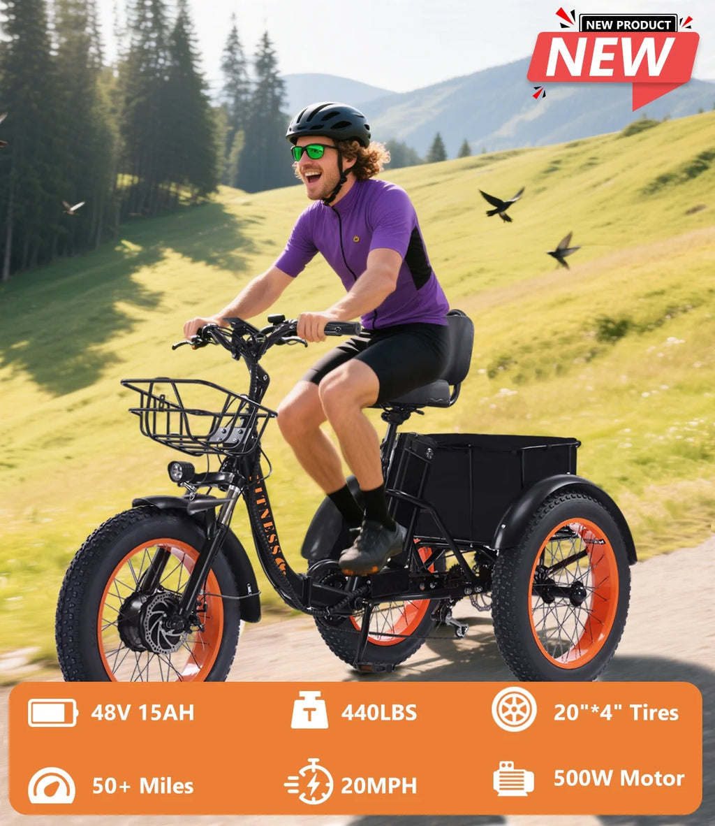 YEBEI Electric Tricycle for Adults Folding E-Trike Motorized Tricycle Electric 3 Wheels Trike Powerful 500W Motor Electric Tricycle 48V15AH Lithium Battery Max 20MPH 20*4.0” Fat Tire Orange