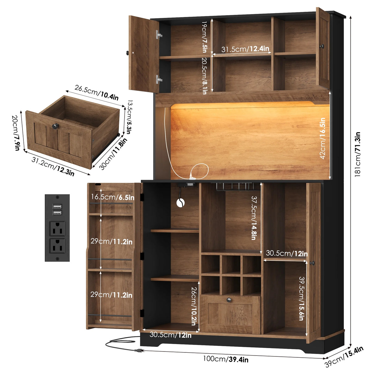 Homfa 71.3'' Kitchen Pantry Storage Cabinet with Charging Station, LED Light Kitchen Hutch Cabinet with Doors and Shelves and Wine Holder, White