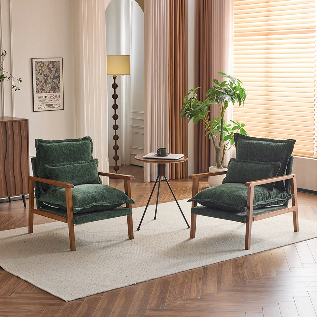 Ktaxon Chenille Accent Chair, Solid Wood Armrests Armchair, Metal Frame for Stability, Single Sofa with Comfortable Cushions and Lumbar Pillow Beige