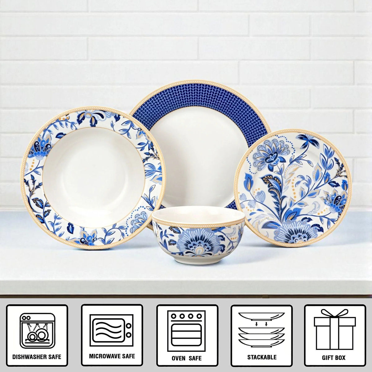 STP GOODS Melodie de Fleurs Bone China Dinnerware Set of 24 Service for 6 24-Piece Dish Set of Plates and Bowls, Blue Gold White