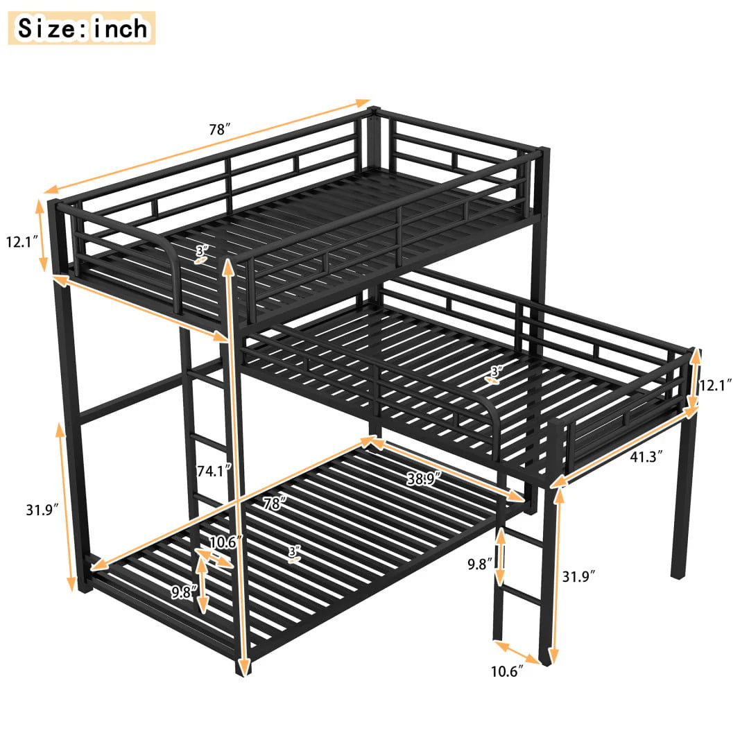 L Shaped Triple Bunk Bed for 3, Metal Triple Twin Size Bunk Beds Frame with Integrated ladder and Full-length Guardrails, Corner Triple Bunk Beds for Kids,Teens and Adults, Black