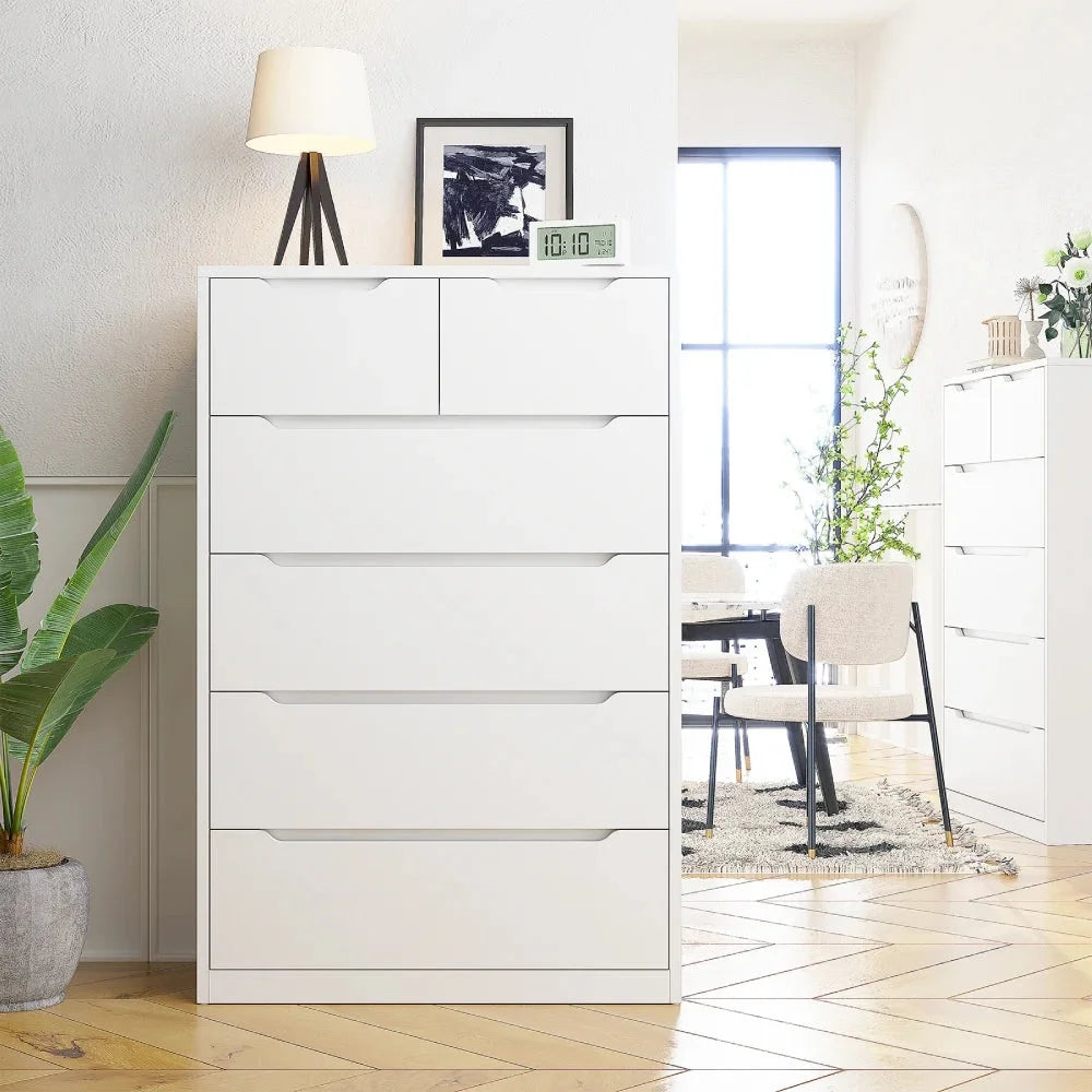 Dresser for Bedroom, Lofka 6 Drawer Dresser, Chest of Drawers Tall White Dresser with Anti-Tripping, Cutout Handles