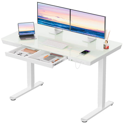 CHITOOMA Glass Top Electric Standing Desk with Drawer, 48'' x 24'' Electric Height Adjustable Desk with USB Charging Ports, Sit Stand up for Home Office