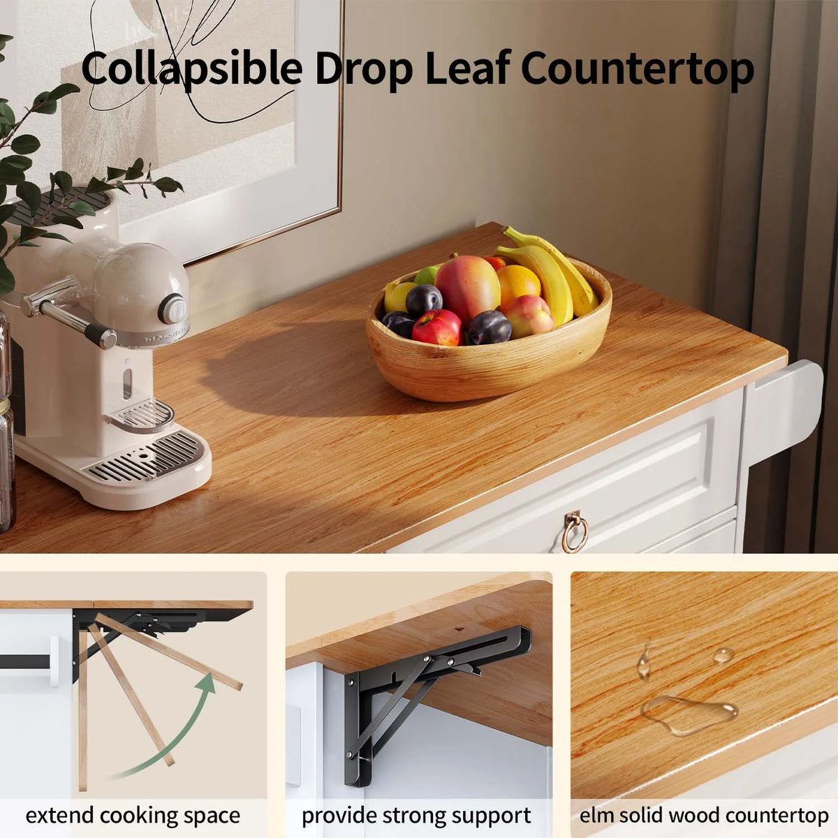 Lofka 52-Inch Kitchen Island with Storage on Wheels with Wood Drop Leaf, Ideal for Small Kitchens