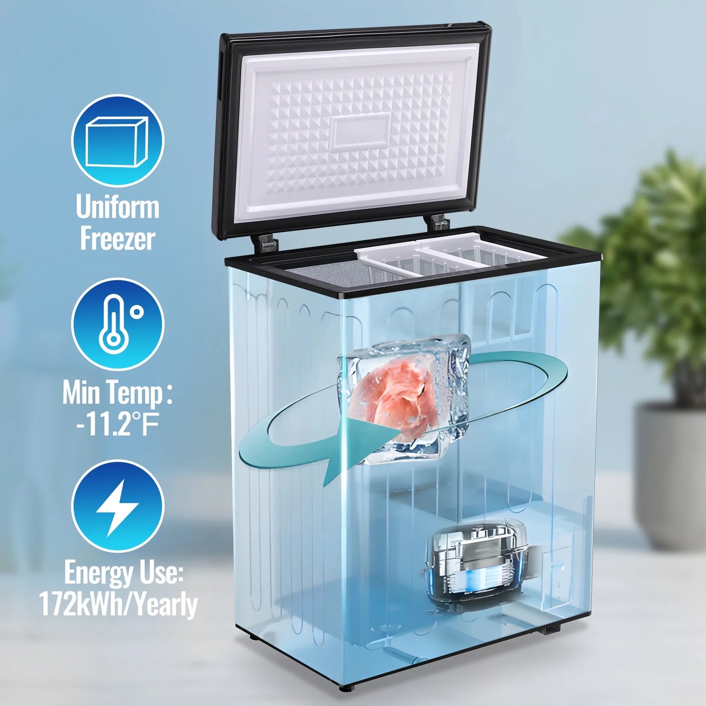 3.6 Cu.ft Chest Mini Freezer with Wheels Deep Freezer for Bulk Storage Top Open Door 2 Removable Baskets 7 Modes Temperature for Home Apartment Kitchen Black