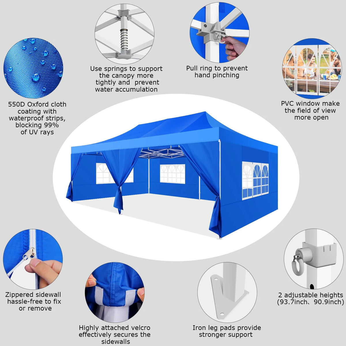 COBIZI 10x20 Heavy Duty Pop up Canopy Tent with 6 sidewalls Easy Up Commercial Outdoor Canopy Wedding Party Tent for Beach All Season Wind & Waterproof Gazebo with Roller Bag,Black(Frame Thickened)
