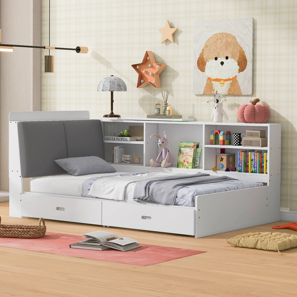 Euroco Wood Twin Size Platform Bed with Storage Headboard and Shelves, 2 Drawers Floor Bed for Kids, White