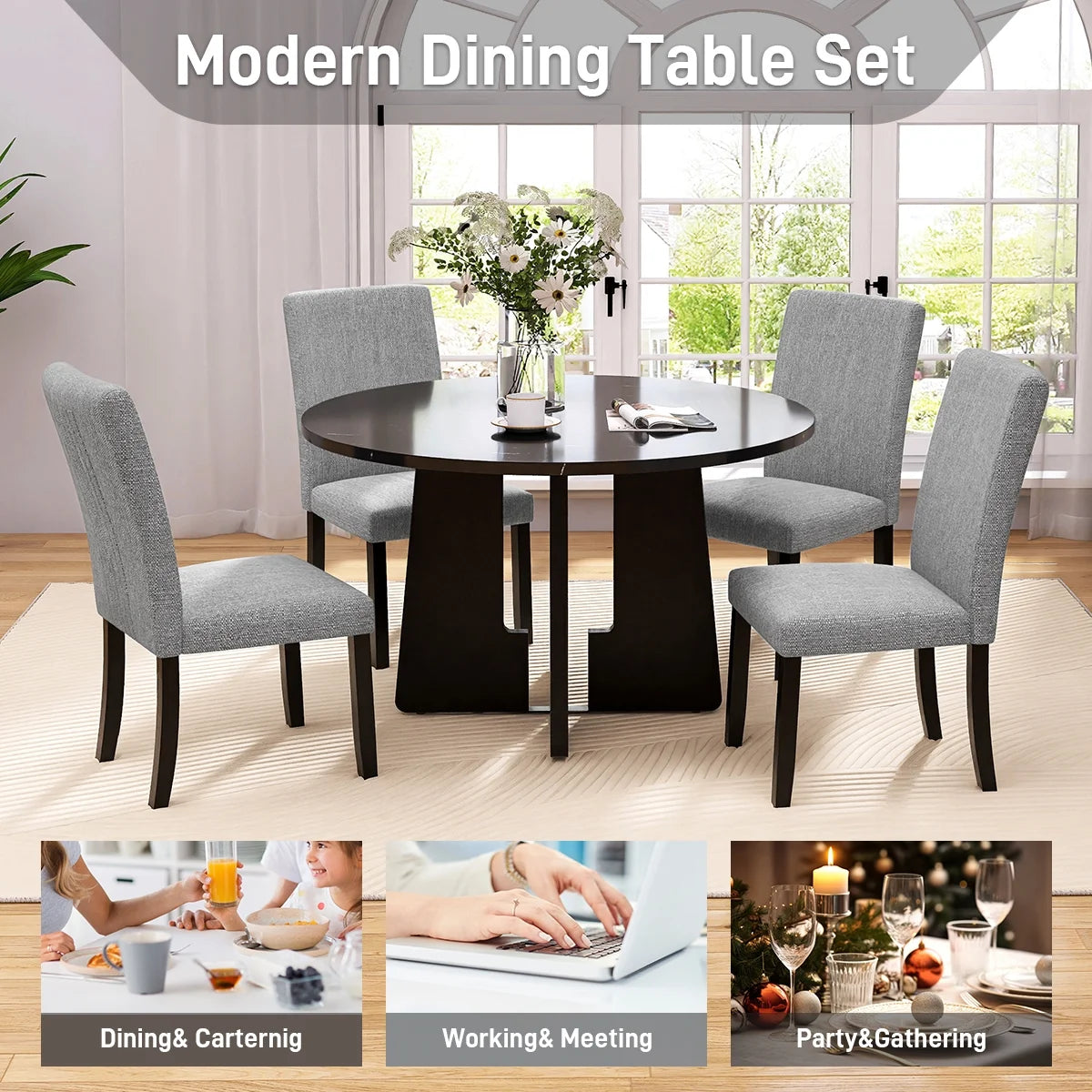 EUROCO 5-Piece Round Dining Table Set for 4, 43.3'' Kitchen Room Table with 4 Upholstered Chairs and Solid Wood Frame,Kitchen Table Set for Home Living Dining Room, Grey & Black
