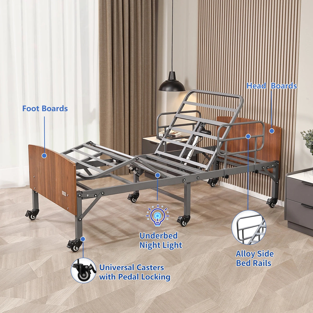ESHINE Hospital Bed with 6" Waterproof Mattress - Wireless Remote, Headboard, 2.5" Wheels, Head & Foot Incline