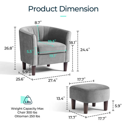 LINSY HOME Accent Chair Set of 2, Velvet Accent Chair with Ottoman for Living Room, Blue