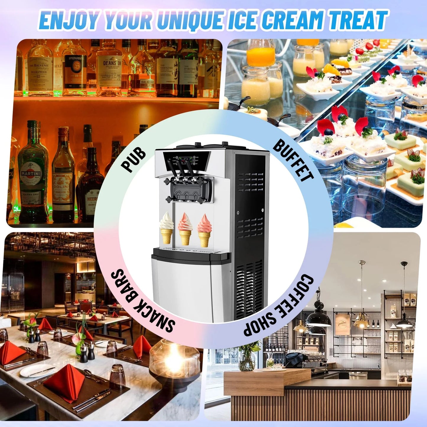 Tookss Commercial 3 Flavors Ice Cream Machine, 5.8 to 8Gal per Hour Soft Serve Ice Cream Maker,with Auto Clean, LCD Display for home Snack Bar Restaurants