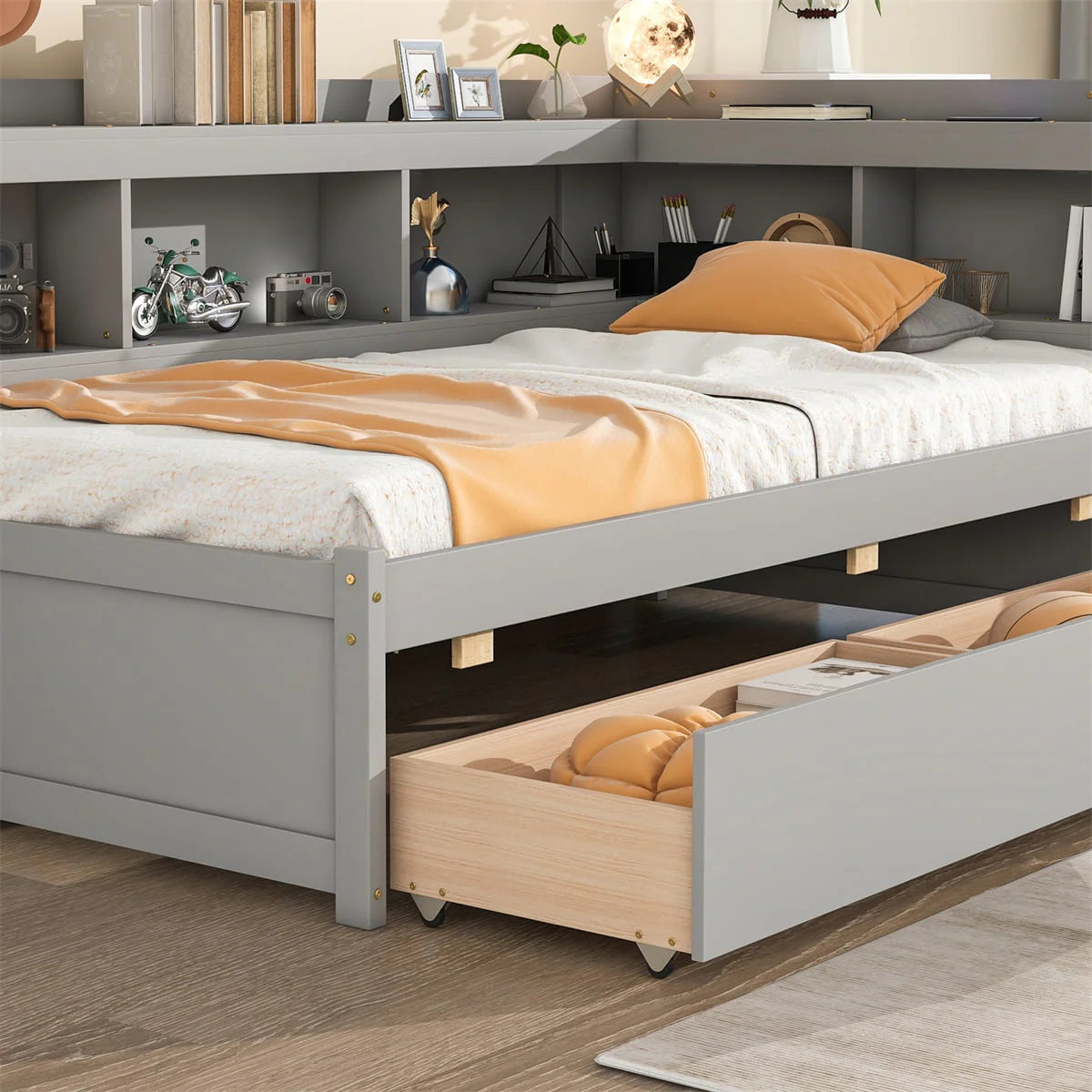 Twin Bed with L-Shaped Bookcases and Two Drawers,Solid Wood Platform Bed Frame with Bookcases Headboard and Wood Slats Support,Twin Size Daybed Frame for Bedroom Living Room,No Box Spring Needed,Gray