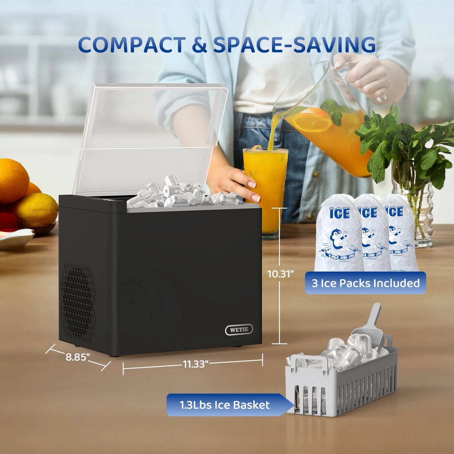 WETIE Countertop Ice Maker, 9 Bullet Ice Cubes in 6 Mins, 2 Ice Sizes, 26 lbs/24H with Removable & Washable Ice Tray & Scoop, with Self-Cleaning Function for Home/Kitchen/Camping/Party