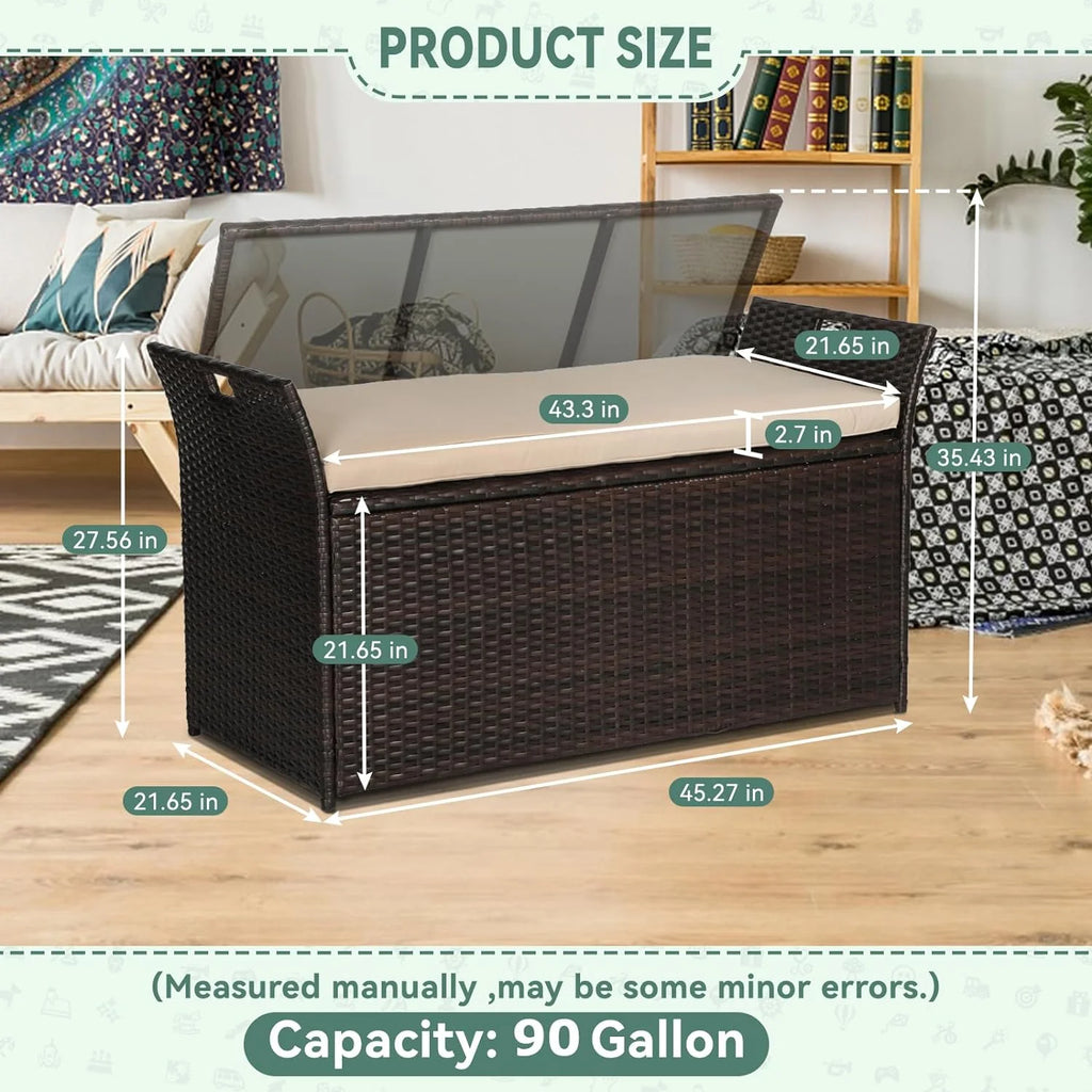 SOLAURA 90 Gallon Patio Wicker Storage Bench w/Cushion, Outdoor Rattan Deck Storage Box w/Handles & Hydraulics, Gray