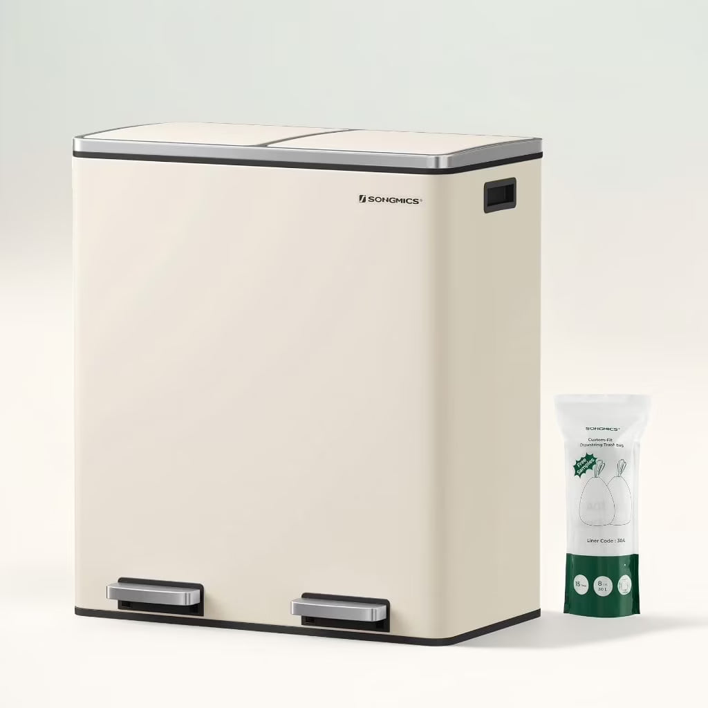 16 Gallon Dual Trash Can, Rubbish Bin and 15 Trash Bags, Metal, Almond Color