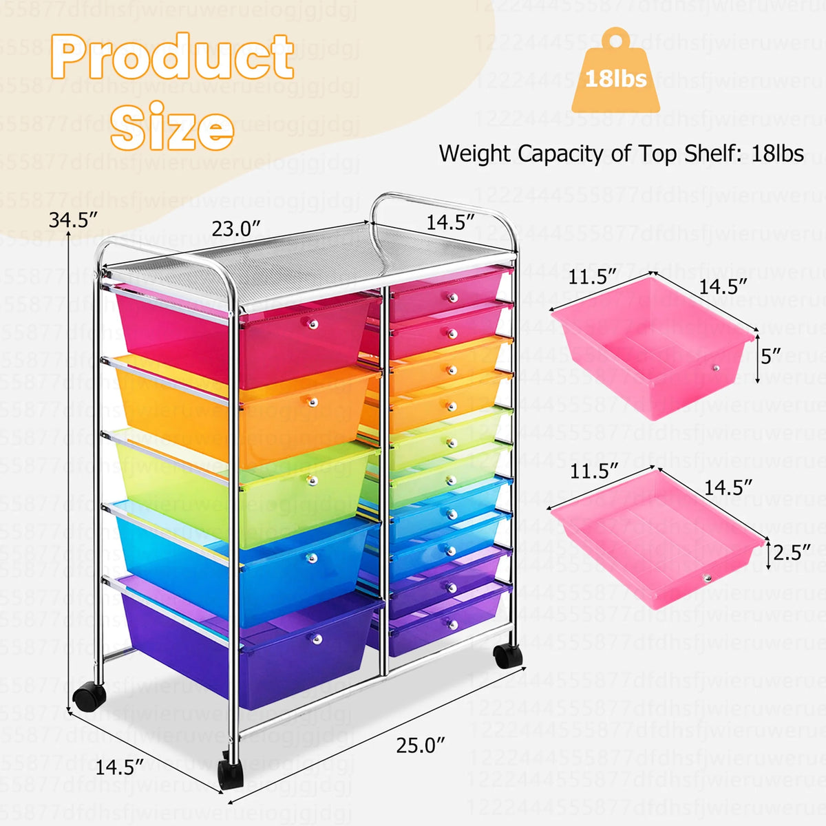 Costway 15 Drawer Rolling Storage Cart Tools Scrapbook Paper Office School Organizer White