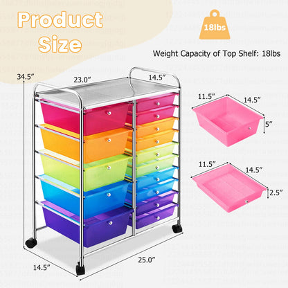 Costway 15 Drawer Rolling Storage Cart Tools Scrapbook Paper Office School Organizer White