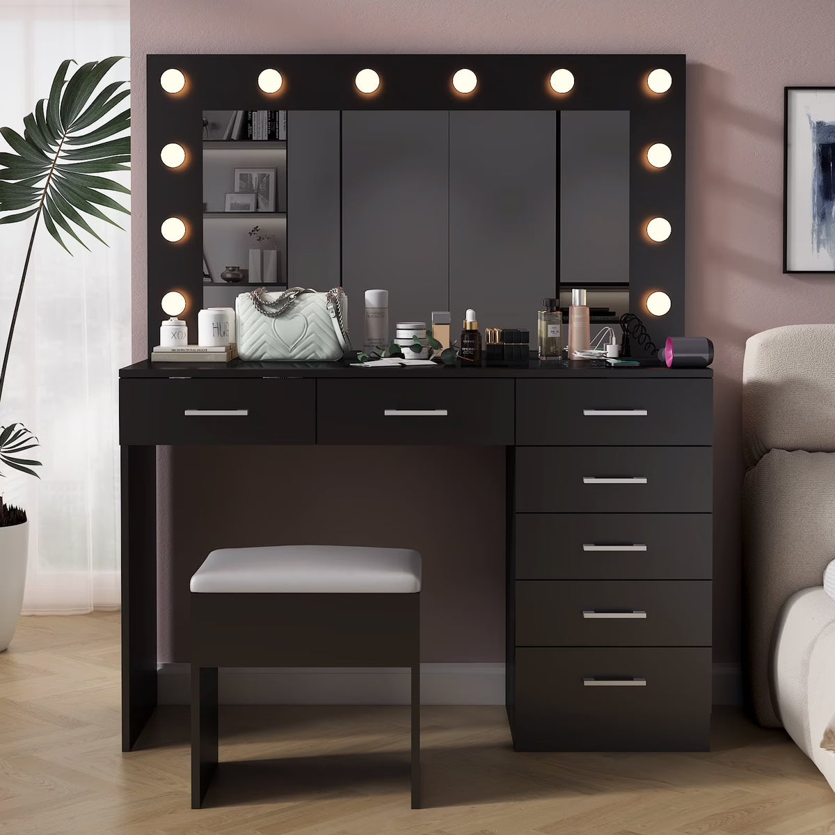 Ktaxon Large Makeup Vanity, Vanity Table Set w/ Visible Glass Top w/ Charging Station, White