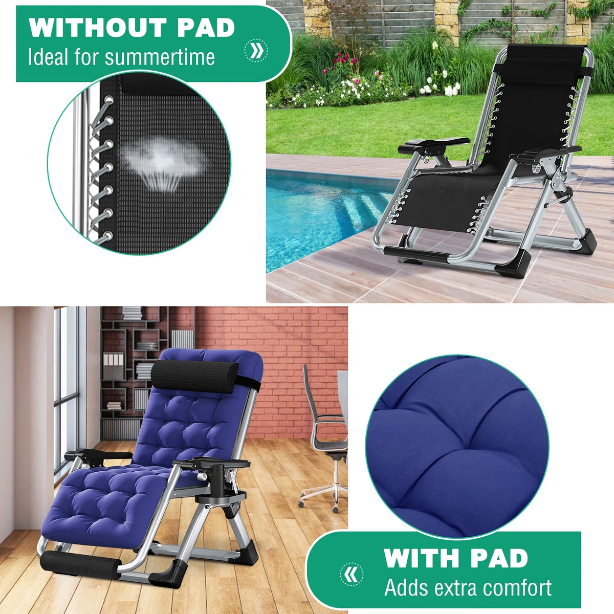 NAIZEA 2 Pack Zero Gravity Chair, Foldable Portable Lawn Recliner with Cushion, Headrest, Cup Holder, Black