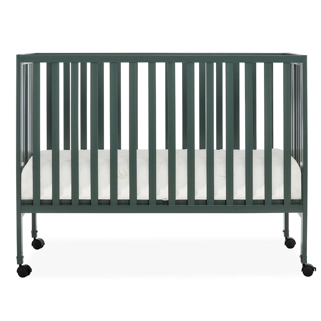 Dream On Me Quinn Full-Size Folding Crib. Removable Wheels. Modern Nursey. Adjustable Mattress Support. Patent Folding System in Olive