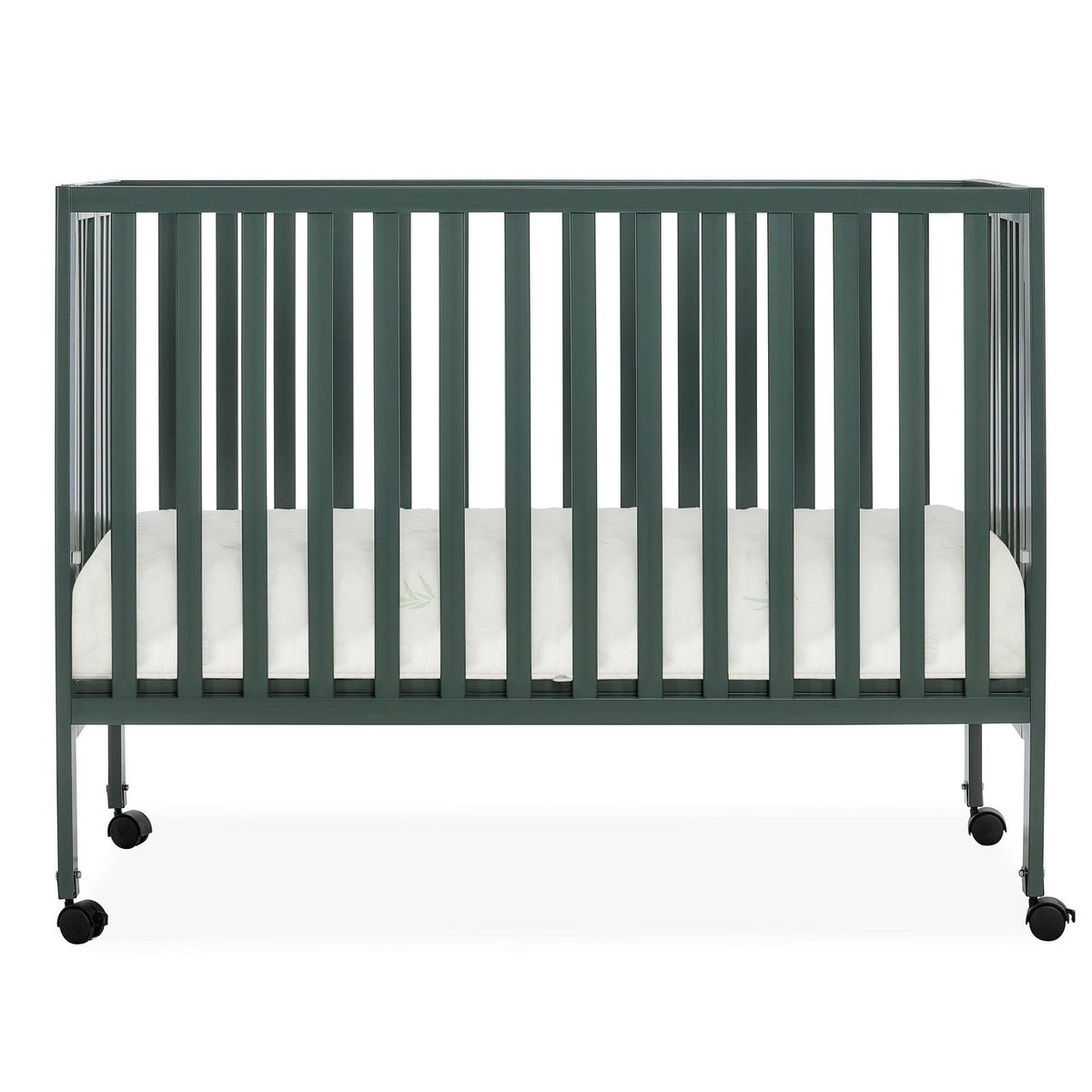 Dream On Me Quinn Full-Size Folding Crib. Removable Wheels. Modern Nursey. Adjustable Mattress Support. Patent Folding System in Olive