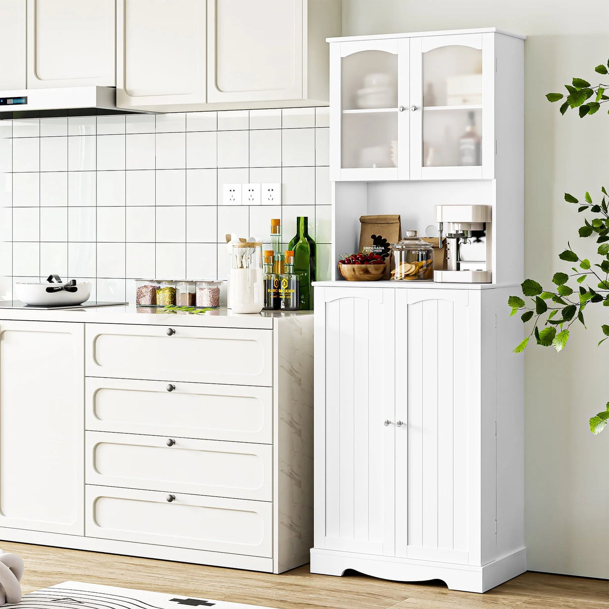 Homfa 71''  4 Doors Kitchen Pantry Cabinet, Tall Pantry Storage Cabinet with Adjustable Shelves, Microwave Cabinet for Dining Room, White