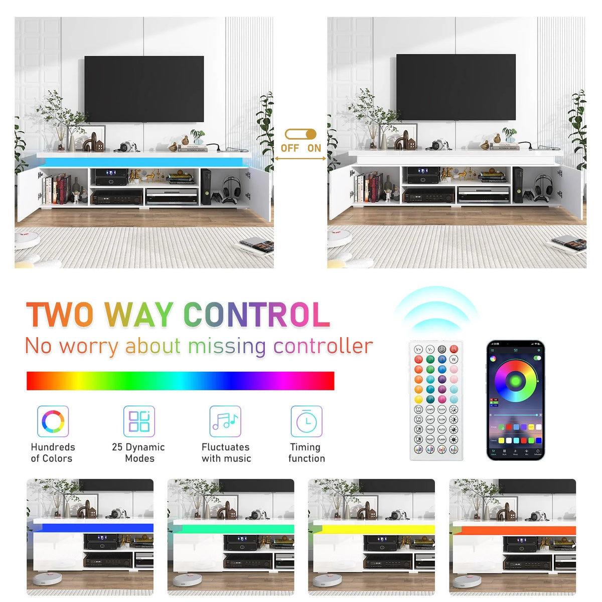 LED TV Stand for up to 85" TVs with Power Outlet, 75" Large Entertainment Center Console Table Gaming Soundbar Shelf with 2 Storage Cabinets