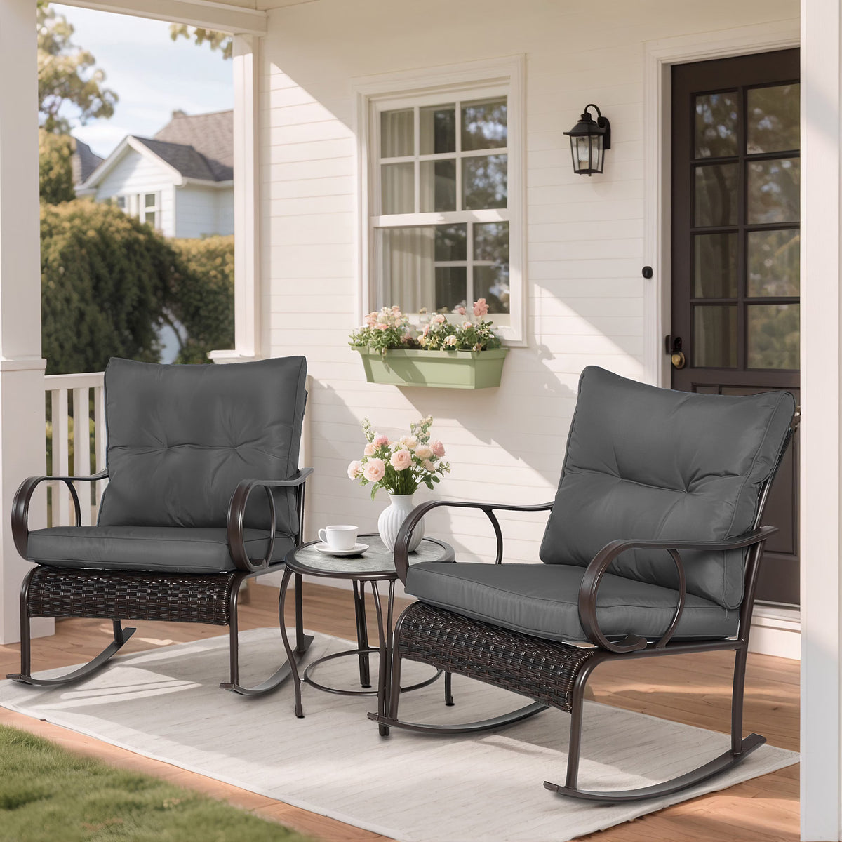Outdoor Conversation Set of 3, Outdoor Patio Rocking Chair Set with Cushions & Coffee Table, All Weather Wicker Patio Furniture Set, Ideal for Patio, Poolside, Yard, Deck, Coffee Bar