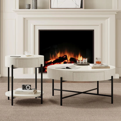 Round Coffee Table with Drawers Circle Living Room Table Wood Accent Coffee Table with Storage White Center Table (Natural)