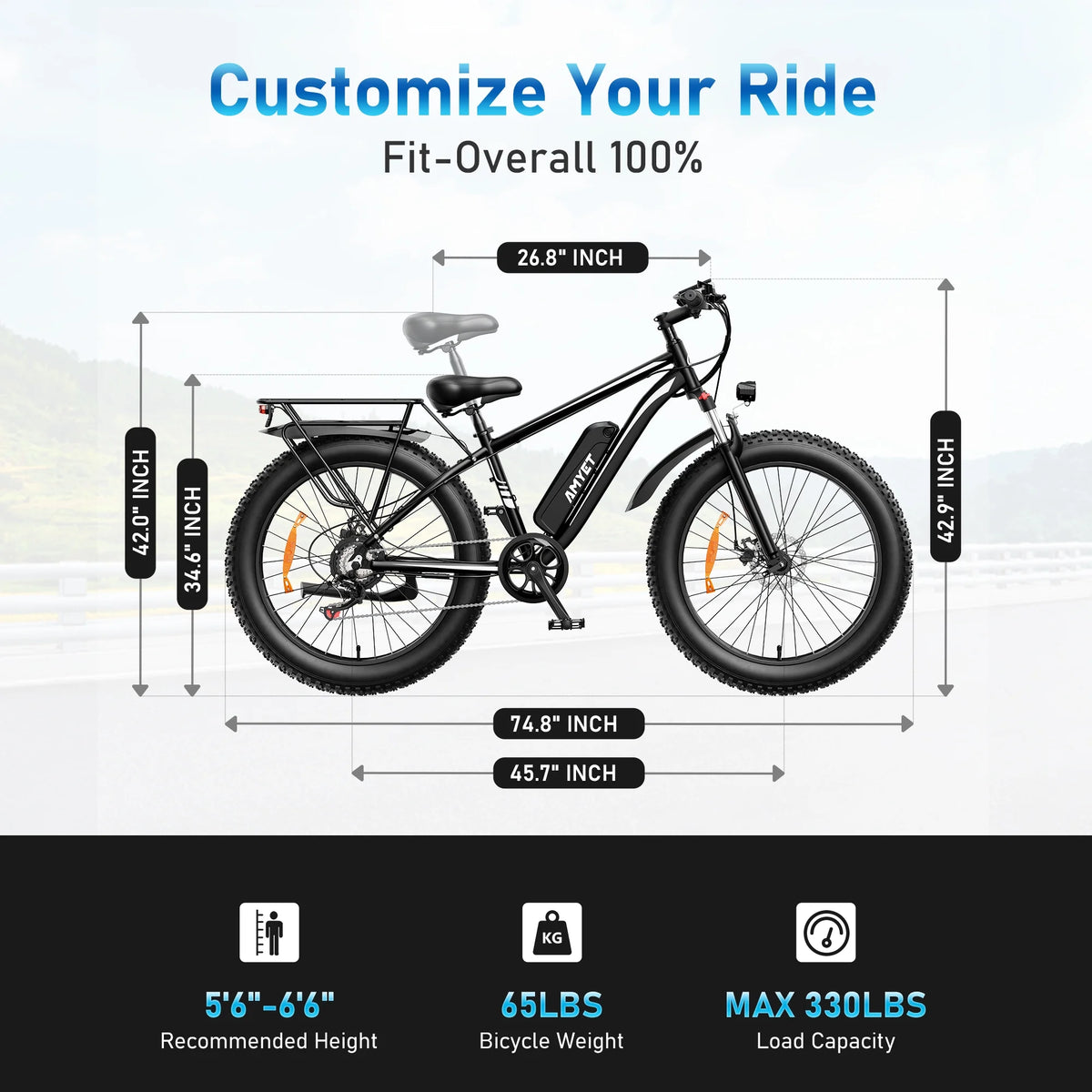 AMYET EB26 Electric Bike for Adults, 26*4.0 Fat Tire E-Mountain Bicycle,Peak 1500W Motor 48V 15Ah 7-Speed Ebike UL2849