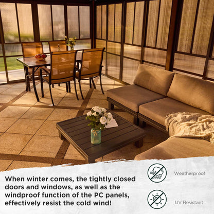 EROMMY 10'x 12' Sunroom, with Front Door, Side Entrance, Galvanized Steel Double Top, Wood Grain Appearance, Aluminum Alloy Frame, Solarium Backyard Sun Room