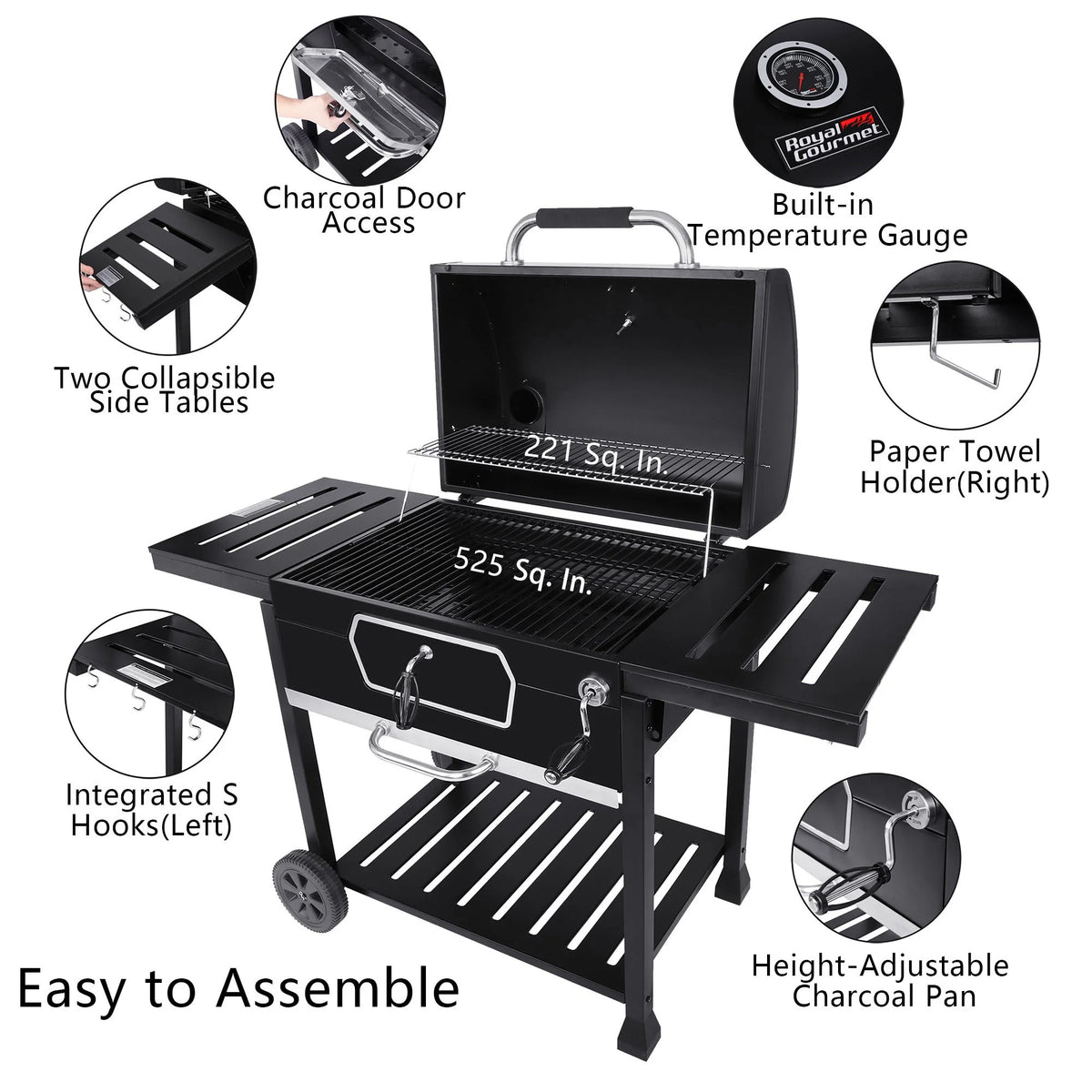Royal Gourmet 30" CD2030AN Deluxe Charcoal Grill, BBQ Smoker Picnic Camping Patio Backyard Cooking, Black