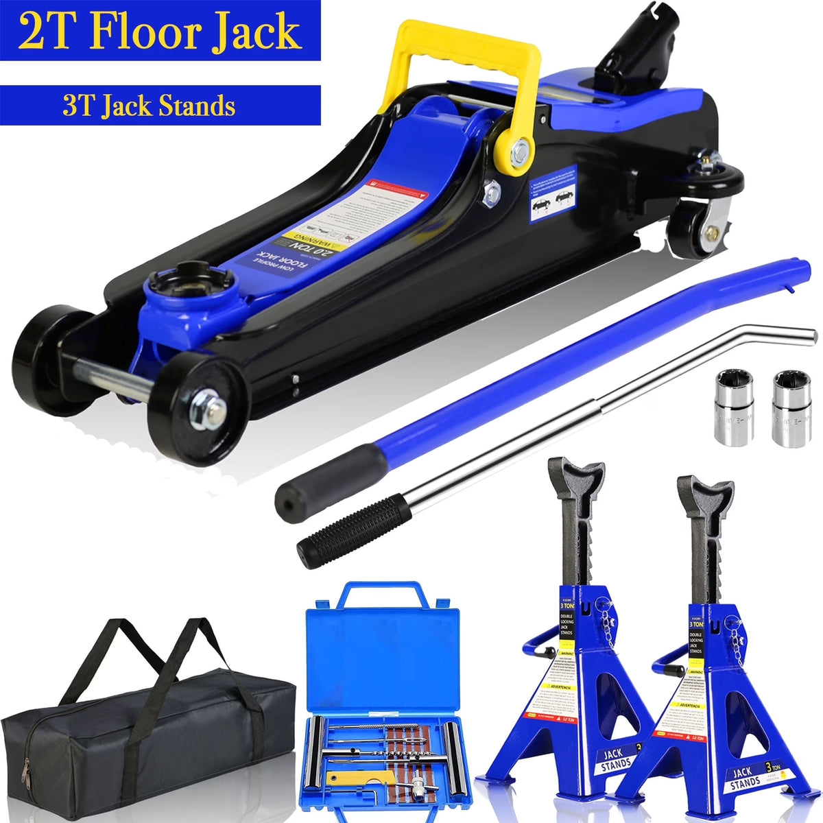 POVANLI Floor Jack, 2 Ton Low Profile Floor Jack, 3t jack stand Tire Repair Kit Heavy Duty Steel Racing Floor Jack with Single Piston Quick Lift Pump, Floor Jack Lifting Range 3.3"-15.2"