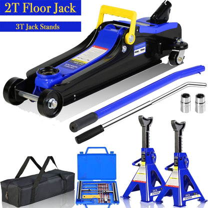 POVANLI Floor Jack, 2 Ton Low Profile Floor Jack, 3t jack stand Tire Repair Kit Heavy Duty Steel Racing Floor Jack with Single Piston Quick Lift Pump, Floor Jack Lifting Range 3.3"-15.2"