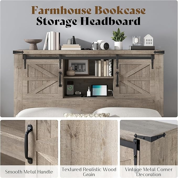 Merluxy Farmhouse Full Bed Frame with Storage Bookcase & Charging Station, Bedroom Furniture, Grey