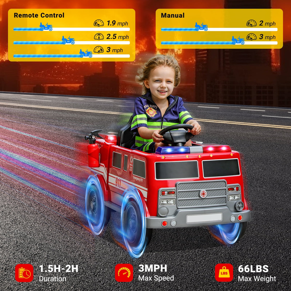 Bobiber Ride on Fire Truck, 12V Battery Powered Ride-On Toy Vehicle with Remote Control, Megaphone, Flashing Lights, Siren and Fire Extinguisher - For Boys and Girls Ages 3-6