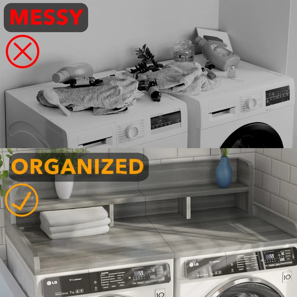 Modern Washer Dryer Countertop with 2-Tier Shelf,Laundry Room Countertop Organization Storage with 2.75" H Guard Edge Rails,Non-Slip Pad,Waterproof and Easy to Clean,54"W x 27.55"D,Natural Wood