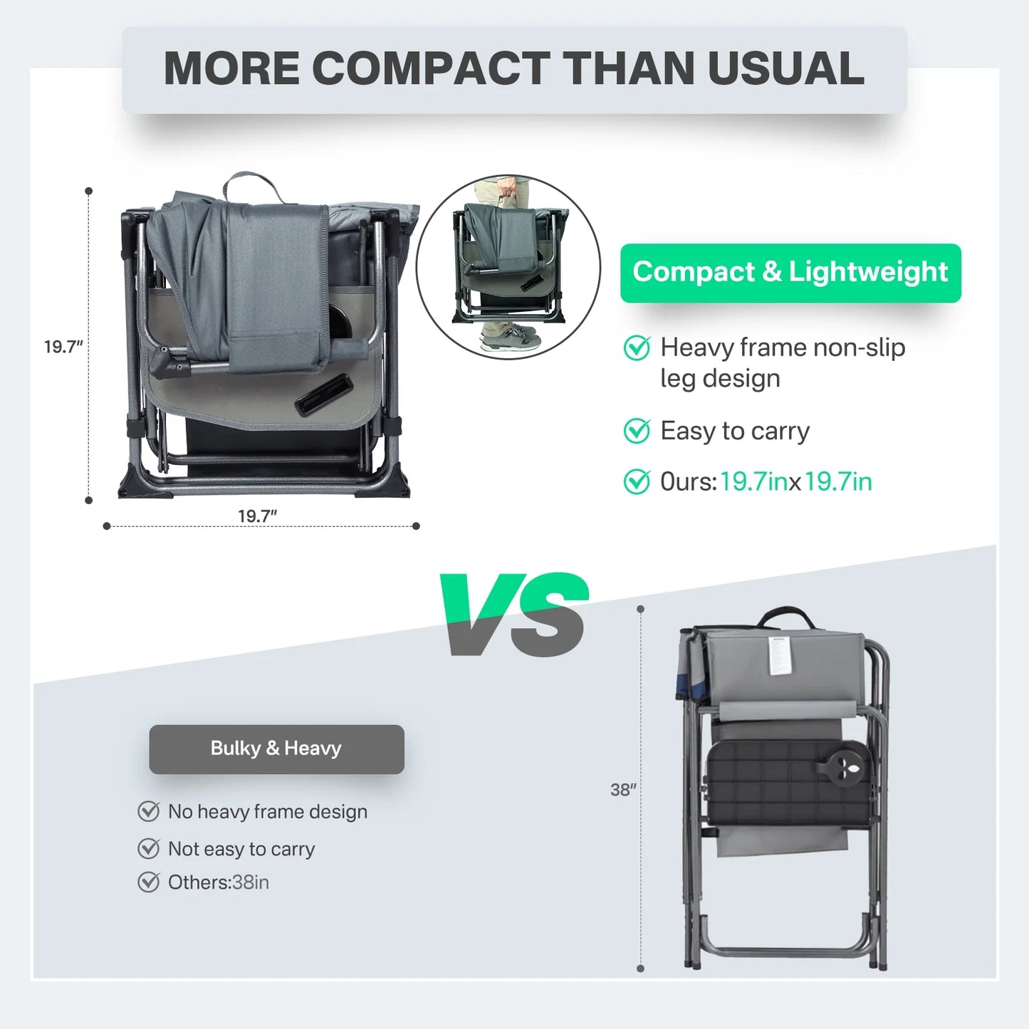 TIMBER RIDGE Portable Director Chair, Heavy Duty Camping Folding Chair with Compact Size with Side Pocket and Side Table, Support 400 lbs, Grey