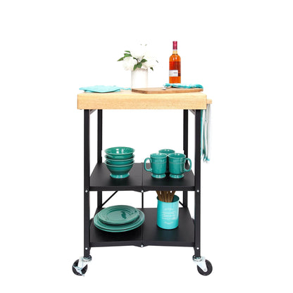 Origami Foldable Wheeled Portable Solid Wood Top Kitchen Island Bar Cart