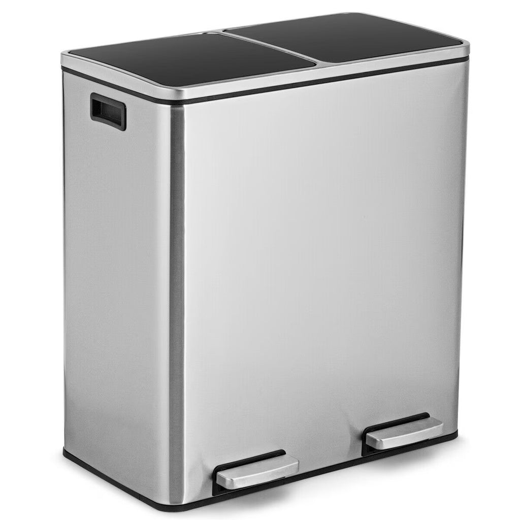 Gymax 16 Gallon Dual Step Trash Can Recycling Stainless Steel Double Bucket Pedal Bin