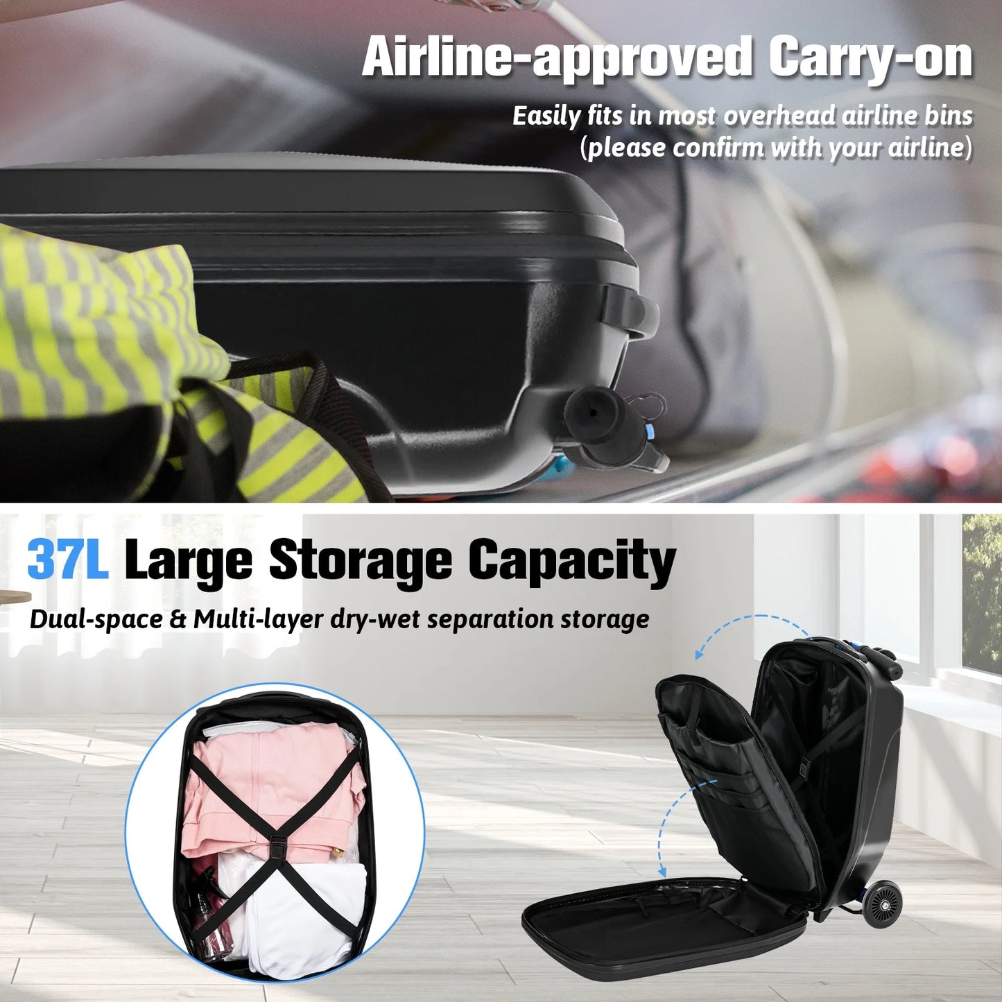 Advwin Scooter Luggage for Kids & Adults, Hardside Ride on Suitcase for Kids Ages 4-15 Multifunctional Lightweight Foldable Carry on Luggage with Wheels Ride on for Children Teenagers, Pink