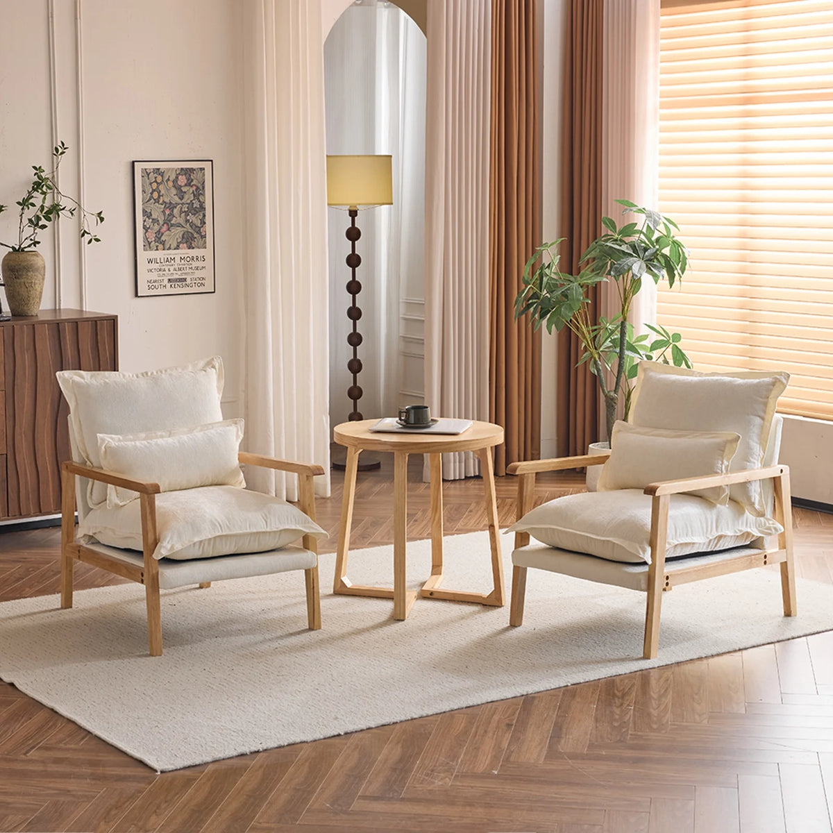 Ktaxon Chenille Accent Chair, Solid Wood Armrests Armchair, Metal Frame for Stability, Single Sofa with Comfortable Cushions and Lumbar Pillow Beige