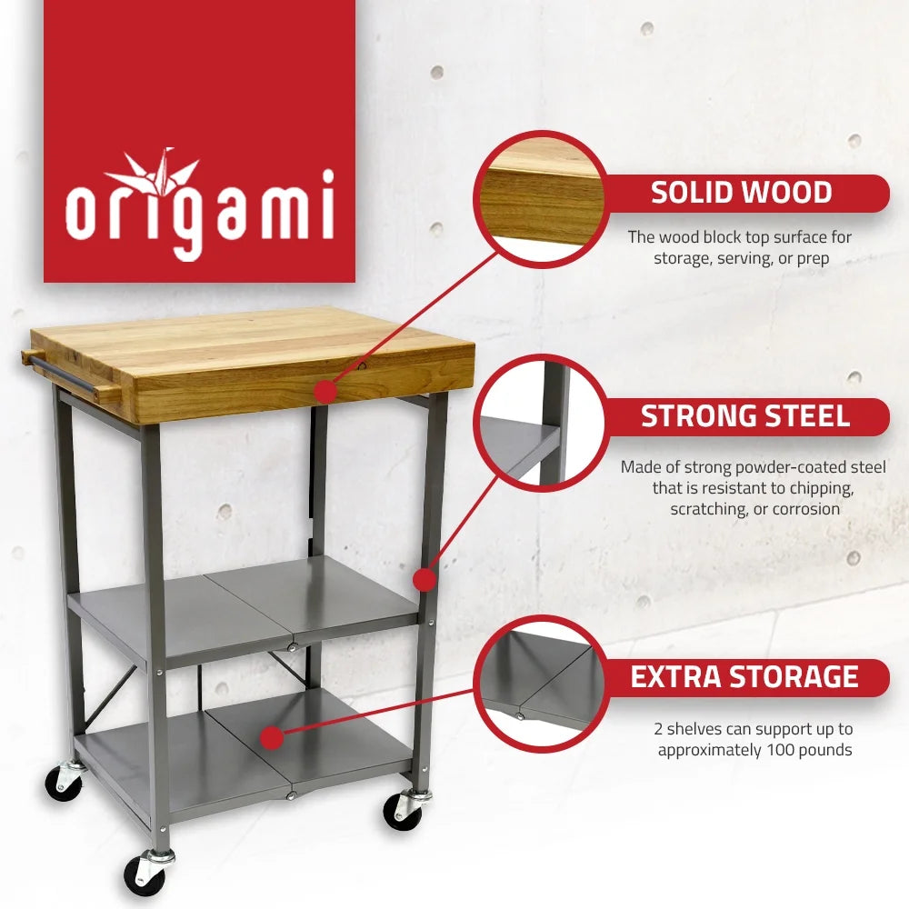 Origami Foldable Wheeled Portable Solid Wood Top Kitchen Island Bar Cart